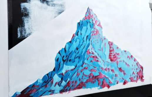 Entre 2 sites internet - Peinture montagne bleu au reflet rouge